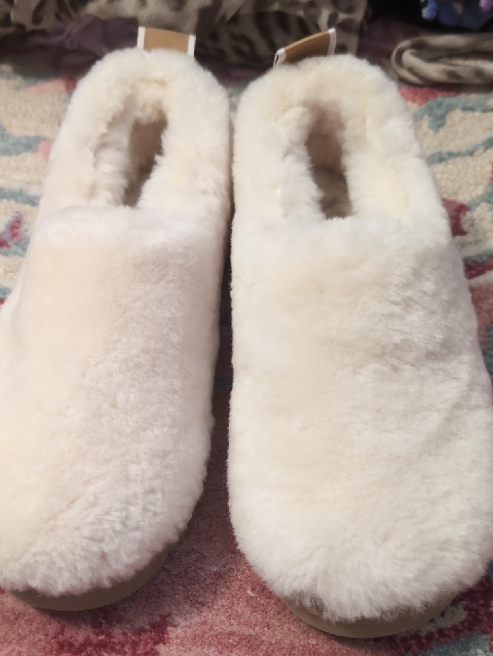 UGG Cream Shearling Slip-On Slippers with Tan Heel Tabs